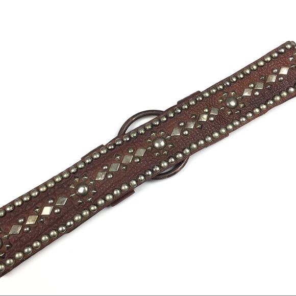 Boho Western Brown Leather Belt Wide Silver Stud RARE OAK XL Cowgirl Bohemian - Picture 2 of 11